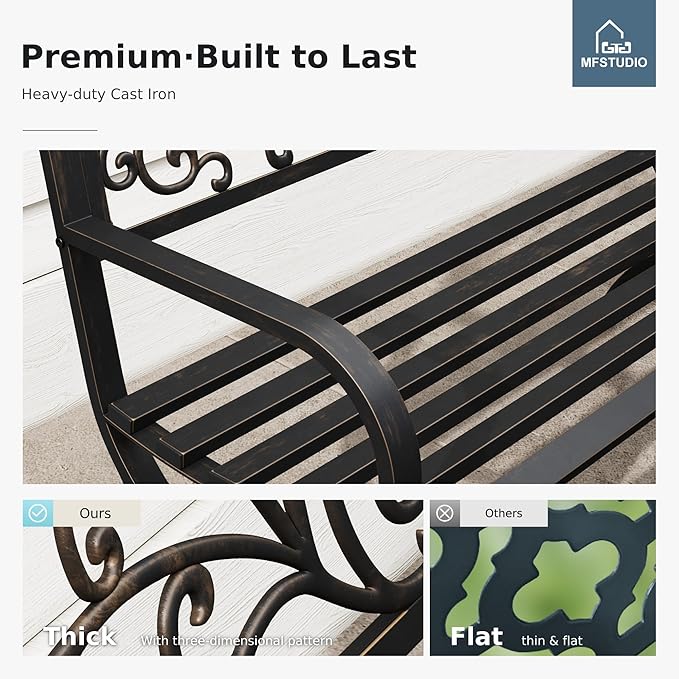 MFSTUDIO 50 Inches Outdoor Garden Bench, Cast Iron Metal Frame Patio Park Bench with Floral Pattern Backrest, Arch Legs for Porch, Lawn, Yard-Bronze