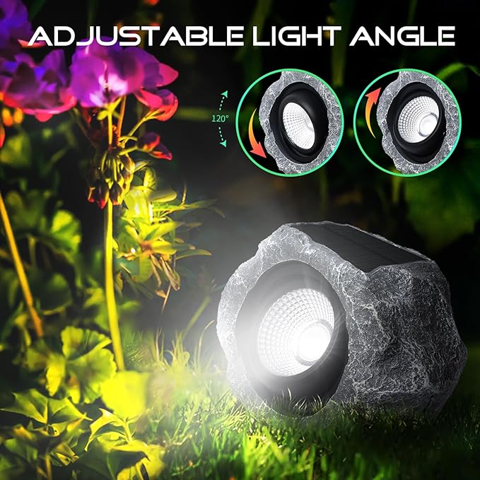2 Pack Solar Rock Lights Outdoor, Angle Adjustable Solar Lights Outdoor Waterproof, LED Solar Garden Lights, Auto On/Off Landscape Lighting for Yard Pathway Patio Flower Bed - White Glow (Stone Gray)