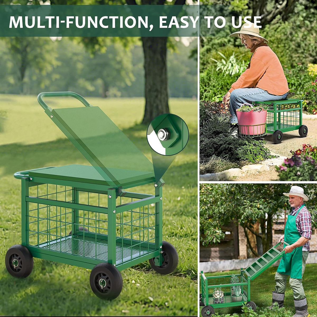 garden cart with seat,3-in-1 rolling seat with wheels showing dimensions