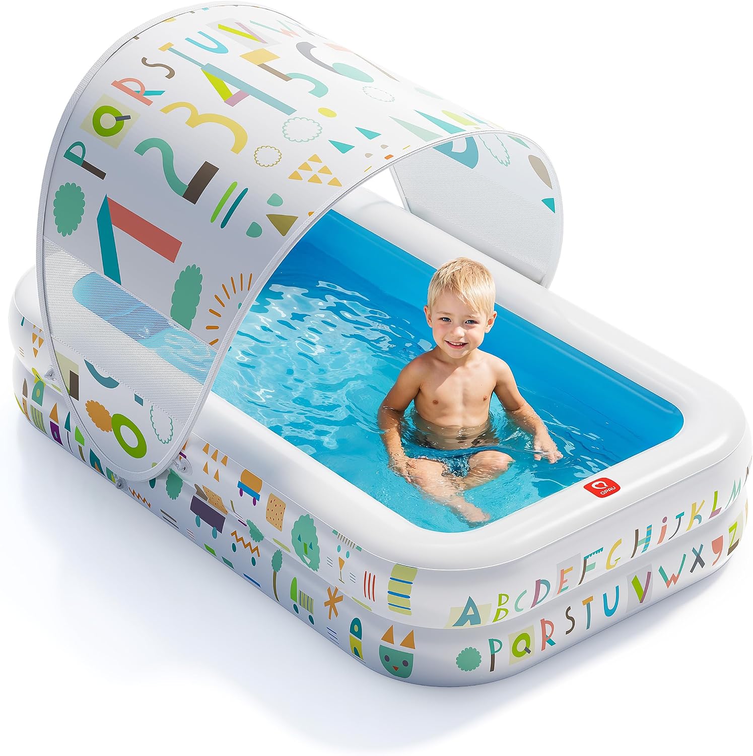 QPAU Baby Pool with Canopy, Inflatable Design, 65 x 39 in, Blue | Inflatable Design with Soft Cushioned Floor, Converts to a Ball Pit for Kids and Toddlers, for Indoor and Backyard Play