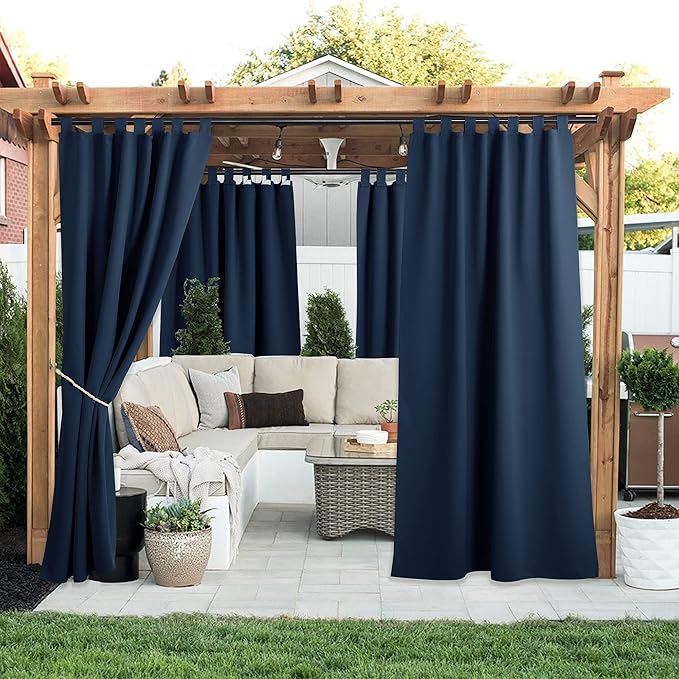 NICETOWN 2 Panels Navy Blue Outdoor Curtainss for Patio Waterproof, Self-Stick Detachable Tab Top Blackout Thermal Insulated Public Dividers Vertical Drapes for Front Porch & Canvas, W52 x L84