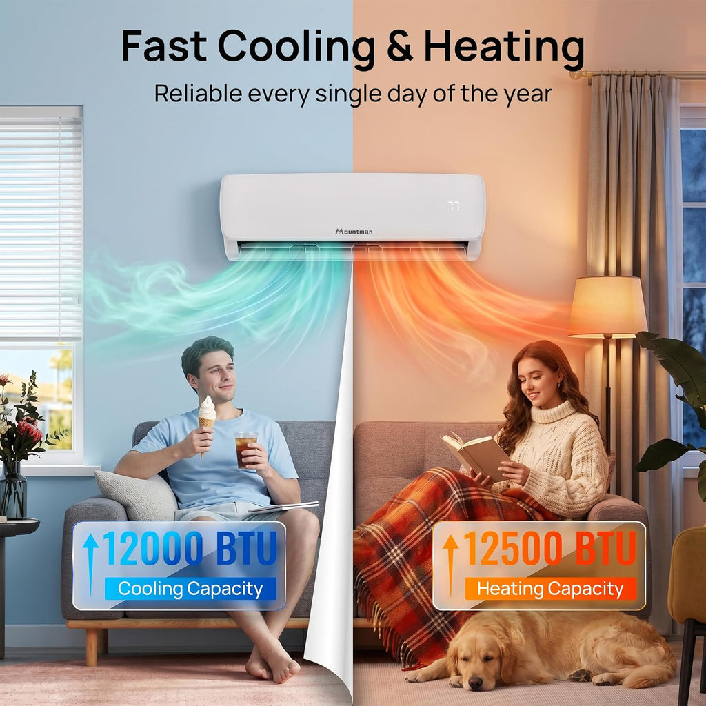 mountman 12000btu mini split ac/heating system with wifi, front angle view
