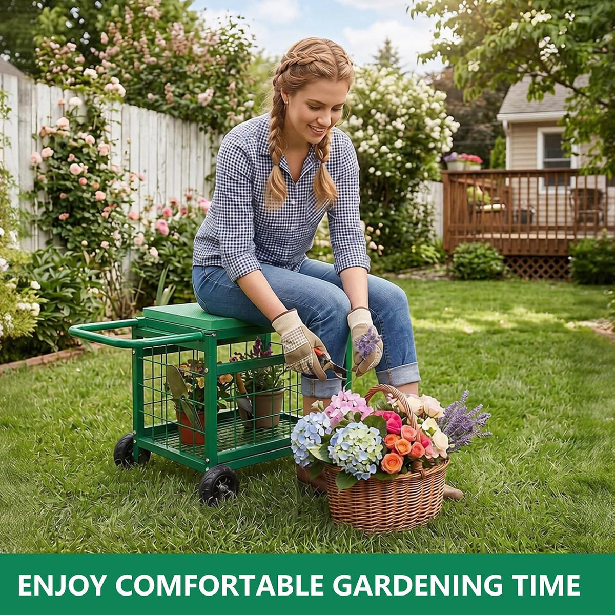 garden seat with wheels rolling garden stool heavy shown in use