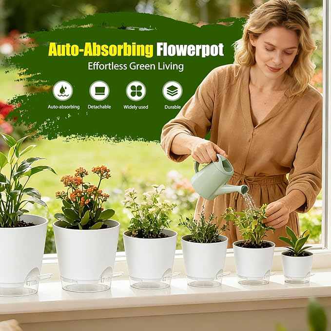 Plant Pots 4/5/5.5/6/6.5/7 Inch Self Watering Pots, 6 Pack Plastic Planters with Drainage Holes and Clear Saucers,Plastic Flower Pots,Nursery Planting Pot for Indoor Out Door Plants(White)