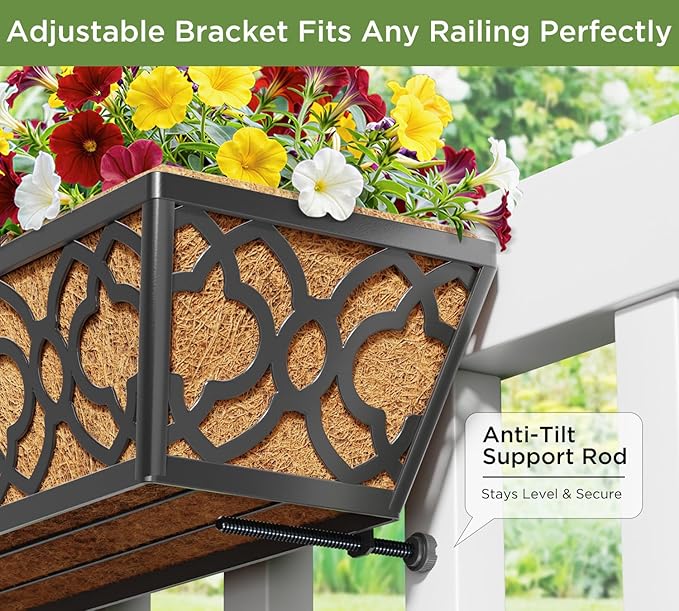 Y&M 24 Inch Window Deck with Coco Liner, Fence Metal Hanging Flower Planter Window Basket Deck Railing Planter Boxes for Outdoor Garden Lawn,6pcs