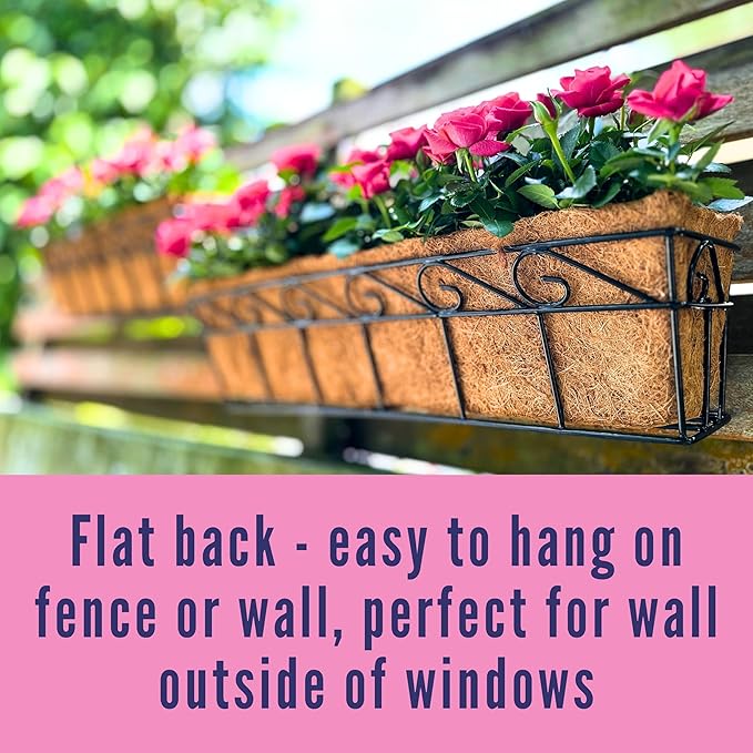 LaLaGreen Wall Mounted Planters - 30 Inch, 2 Pack Window Flower Pot Attach to House Outdoor, Balcony Plant Pot Over The Rail, Deck Railing Hanging Coco Liners, Metal Horse Troughs Fence Patio Porch