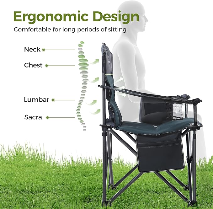 ALPHA CAMP Heavy Duty Camping Chair 500LBS Capacity, Oversized Folding Chair for Heavy People, Padded Portable Outdoor Chair with Cooler Bag & Cup Holder for Camping, Fishing, Beach
