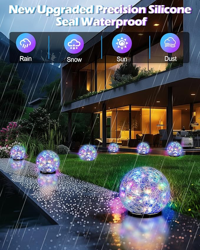 Coroor Garden Solar Ball Lights Outdoor Waterproof, 50 LED Cracked Glass Globe Solar Power Ground Lights for Path Yard Patio Lawn, Outdoor Decoration Landscape Colorful(2 Pack 4.7'')