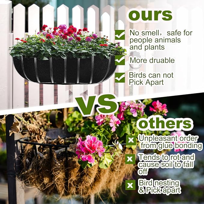 2PCS 24Inch Upgraded Planter Basket Liners Fabric Window Box Liners Felt Trough Planter Liner Black Flower Basket Liner Non-Woven Hanging Plant Liner for Planters Garden Fence - Avoid Bird Nesting