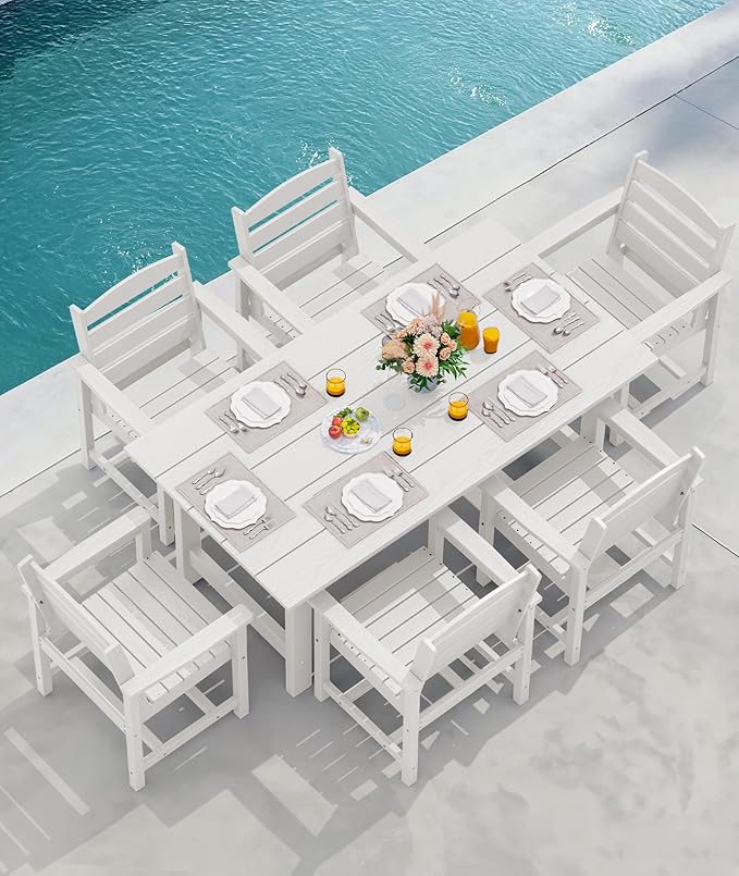 SERWALL Patio Table Set, Outdoor HDPE Dining Set with Umbrella Hole, 5-Piece - Table and 4 Chairs, All Weather for Lawn, Garden, Poolside, White
