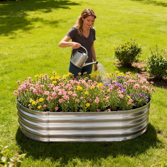 TATAANTY Galvanized Raised Garden Bed for Outdoor: 4X2X1ft Durable Metal Vegetable Plant Container Kit - Oval Planter Box for Gardening Flower Trough （2 Pack）