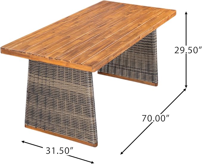 Christopher Knight Home Pasco Acacia Wood Outdoor Dining Table Set for 6, Wicker Patio Dining Set with Acacia Wood Table and Bench, Patio Table and Chair Set with Cushion+Rope Backrest,Black+Teak+Grey