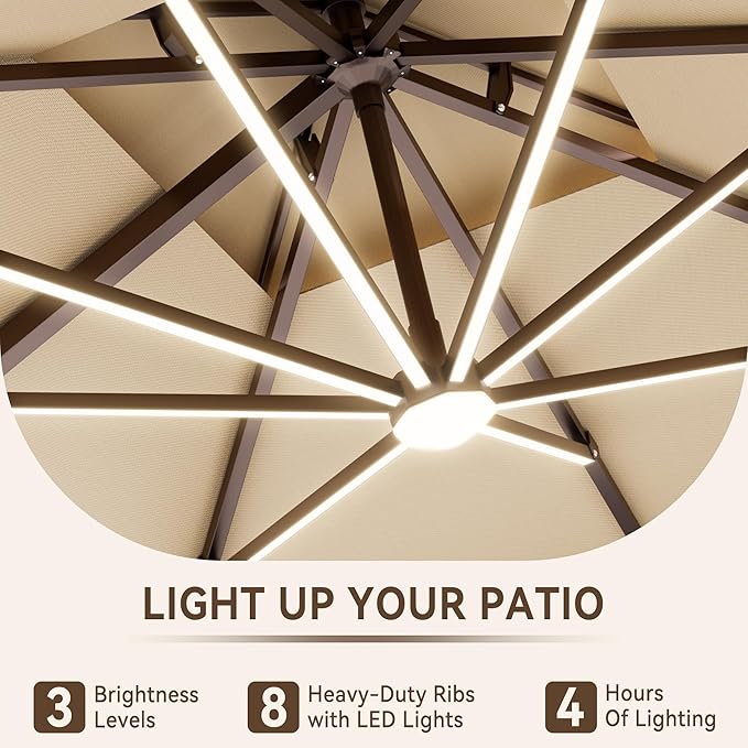 10 X 13 FT Cantilever Outdoor Patio Umbrella with Base Included Large Heavy Duty 360° Rotation Double Top Offset Rectangular Umbrellas with Led Lights for Backyard Outside Deck, Beige