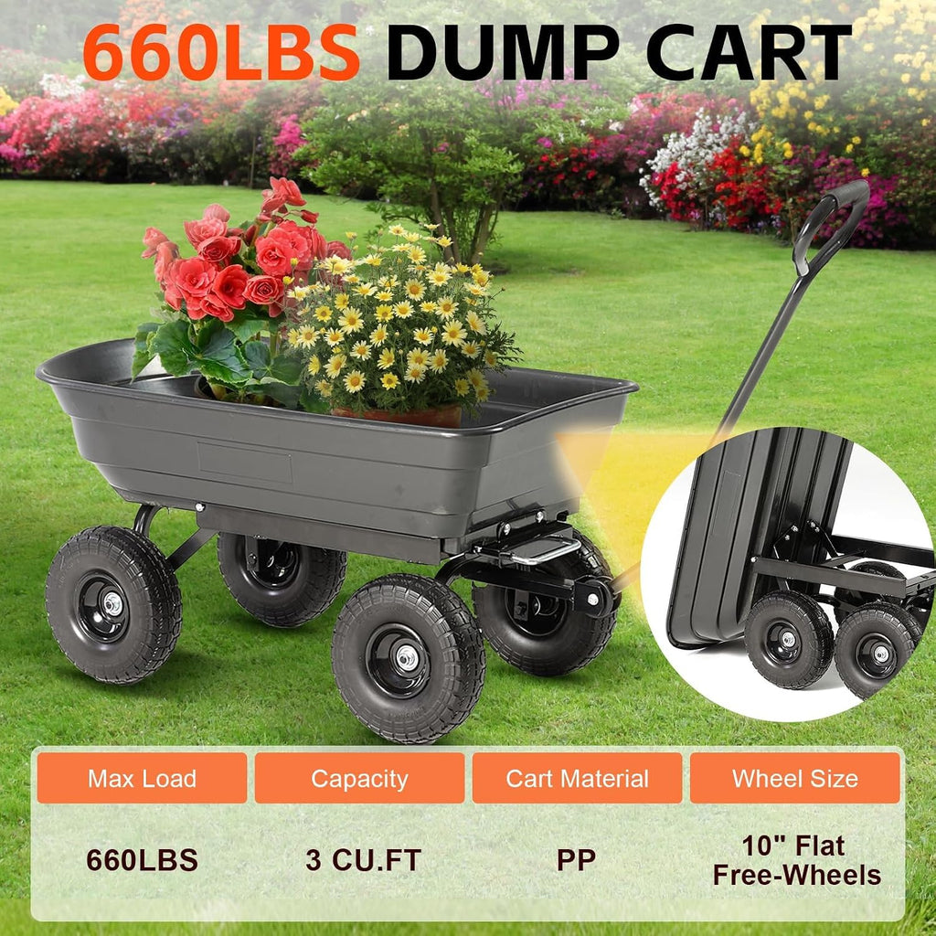 garden dump cart 660lb heavy-duty steel frame flat-free shown in use