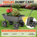 garden dump cart 660lb heavy-duty steel frame flat-free shown in use
