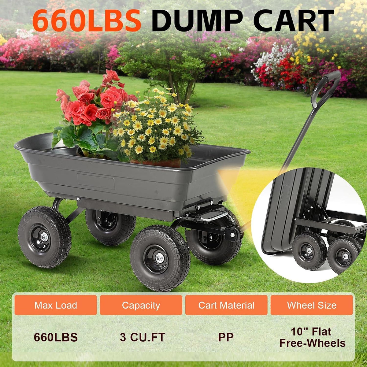 garden dump cart 660lb heavy-duty steel frame flat-free shown in use