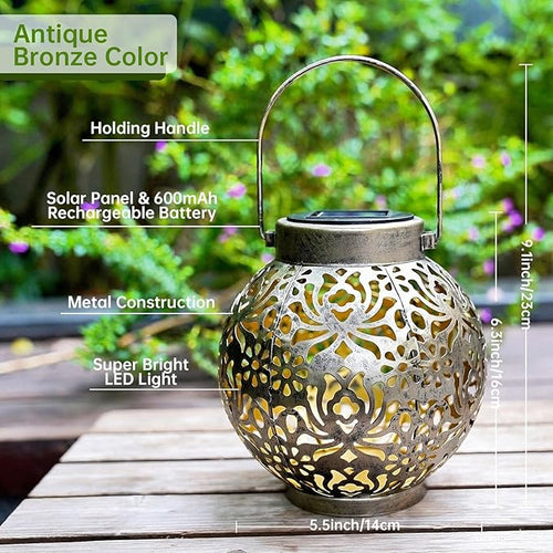 2 Pack Outdoor Solar Hanging Lantern Lights Metal LED Decorative Lamp for Garden Patio Courtyard Lawn and Table with Hollowed-Out Design (Antique Bronze)