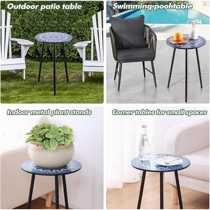 Party Zealot 1 Pack Metal Mosaic Round Side Table 13.4" Small End Table for Patio Round Accent Garden Corner Stand for Small Spaces Weather-Resistant for Balcony Plant Stand Indoor Outdoor