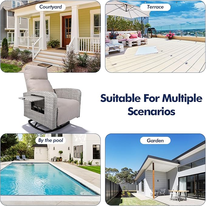 Outdoor Recliner Chair, Wicker Patio Recliners with Adjustable Backrest and Extended Foot Rest, Reclining Patio Chairs with Flip Table & Removable Cushion Cover for Porch