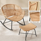 Papasan Rocking Chair with Ottoman, Oversized Papasan Chair, Beige | Indoor & Outdoor Rocker Chair with Padded Cushion for Living Room, Patio, Garden
