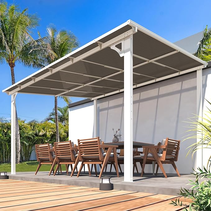 AECOJOY 12' x 10' Outdoor Gazebo Pergola for Patio, White Large Wall-Mounted Hardtop 10x12 Lean to Metal Gazebo Shelter Pergolas and Gazebos Clearance with Patio Roof, Heavy Duty Awnings for Backyard