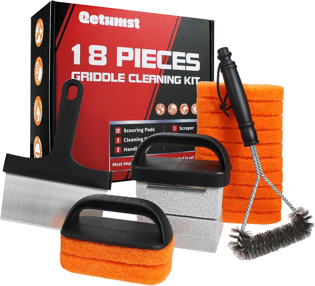Griddle Cleaning Kit for Blackstone, Scraper, Scour Pads, Grill Brush 18Pcs | Blackstone griddle accessories. Cast iron cleaner & pumice stone bricks for outdoor BBQ, camping, backyard flat top grills.