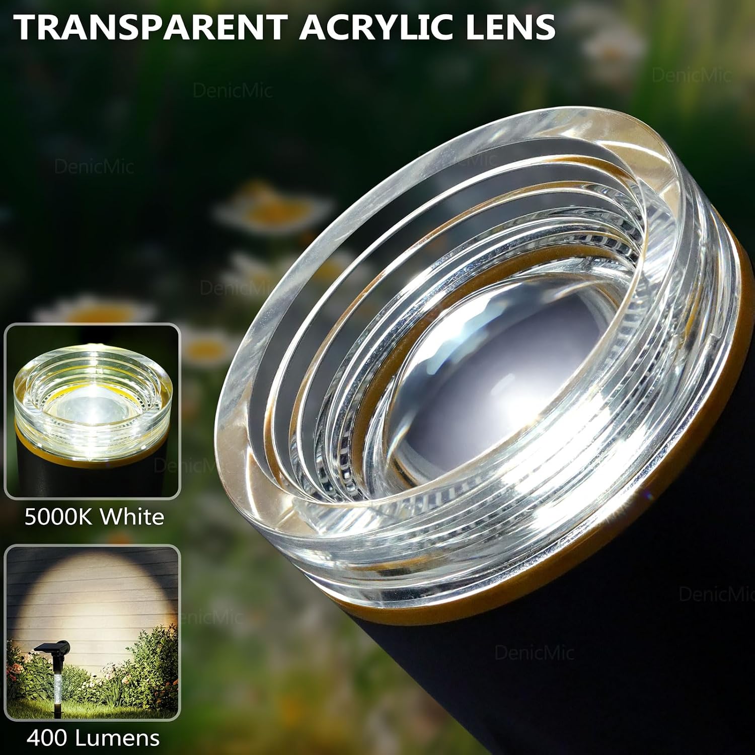 DenicMic Solar Spot Lights Outdoor Waterproof White Lens LED 4 Pack | Adjustable Angle Long Range Solar Lights Outdoor for Yard Garden Patio Wall Tree Landscape Spotlights, Acrylic Lighted Pole