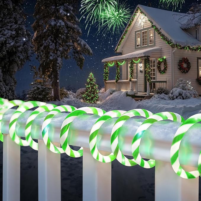 Jnaurb Christmas Candy Cane Lights, 66ft 480 LED Connectable Flexible White & Green Candy Cane Rope Lights for Outside, 8 Modes Waterproof LED Christmas Light for Garden Patio Tree Holiday Party Decor