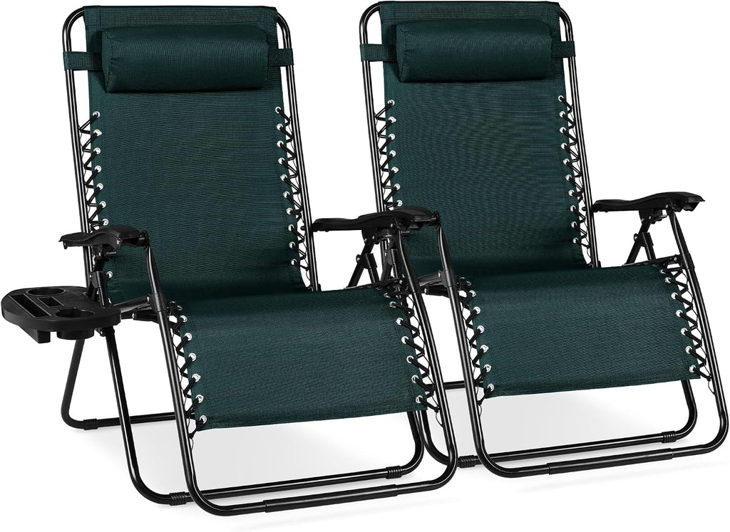 Best Choice Products Set of 2 Extra Wide Adjustable Steel Mesh Zero Gravity Lounge Chair Recliners w/Pillows and Cup Holder Trays - Forest Green