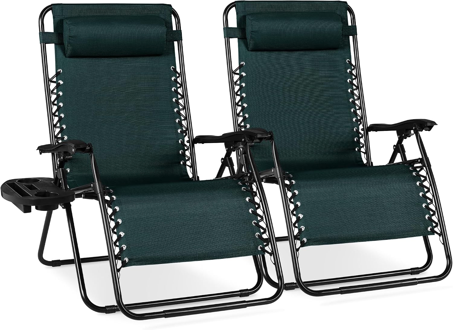 Best Choice Products Set of 2 Extra Wide Adjustable Steel Mesh Zero Gravity Lounge Chair Recliners w/Pillows and Cup Holder Trays - Forest Green