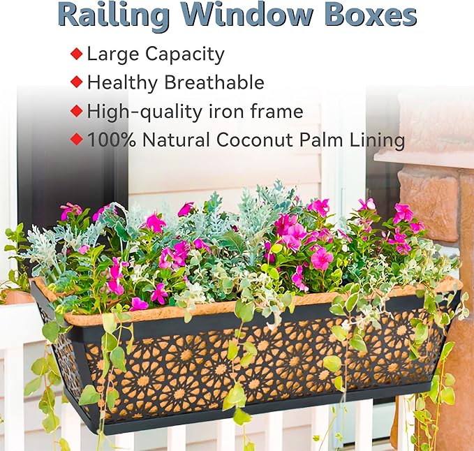 4 Pack 24" Railing Planter Window Box Deck Balcony Rail Planter Black Metal Flower Basket Horse Trough Planter with Coco Fiber Liner for Porch Fence Patio Outdoor