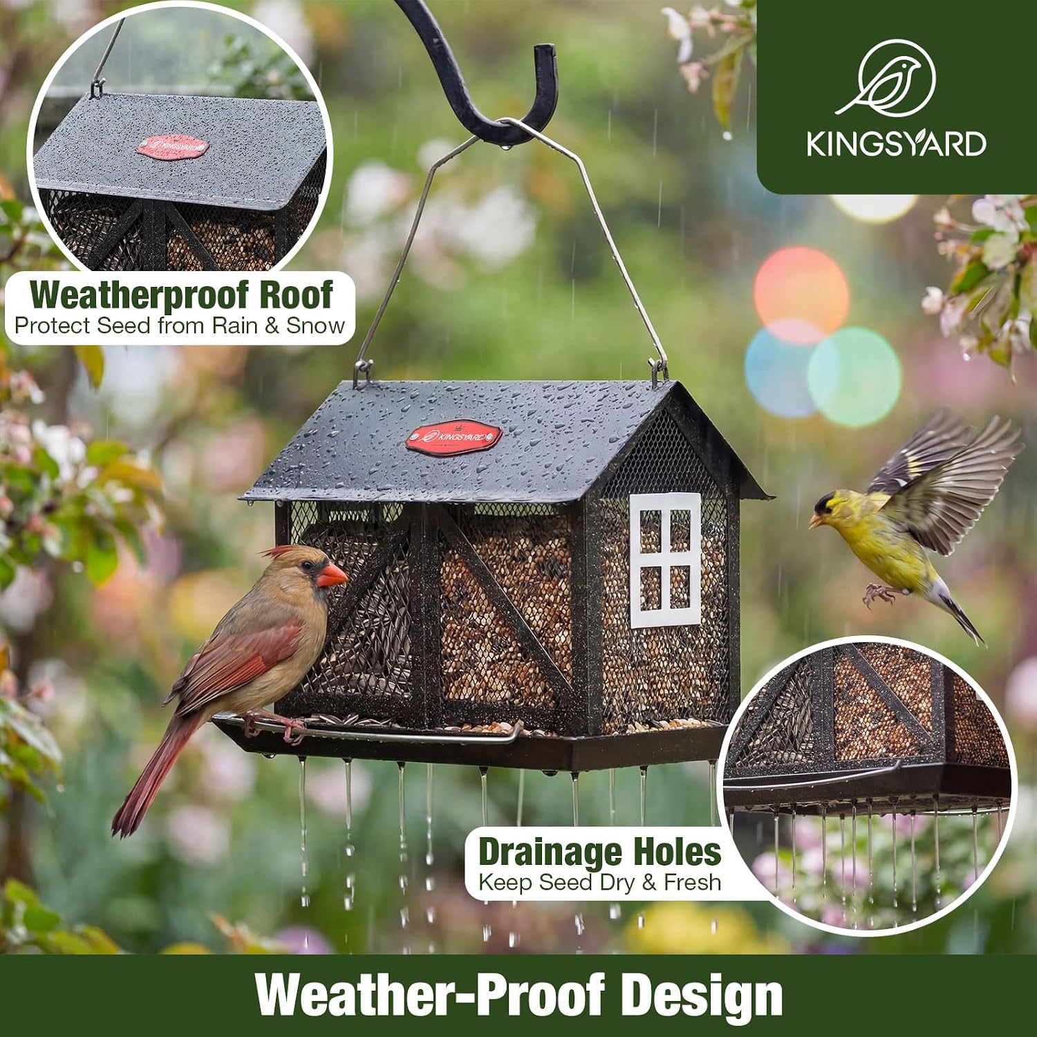Kingsyard Metal Bird Feeder for Outdoors Hanging, 2-in-1 Wild Bird Feeder with Seed Tray & Built-in Perch, 5 lb Large Capacity for Cardinal Chickadee Finch, Black