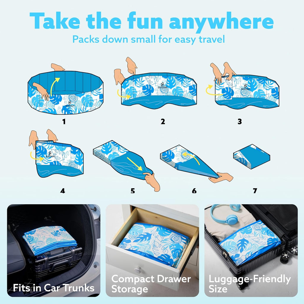 SLOOSH Foldable Dog Kiddie Pool - Portable Hard Plastic Kids Baby Doggie Swimming Pool, Anti-Slip Thick PVC Collapsible Pets Cats Whelping Box Puppy Bathtub (32" x 8")