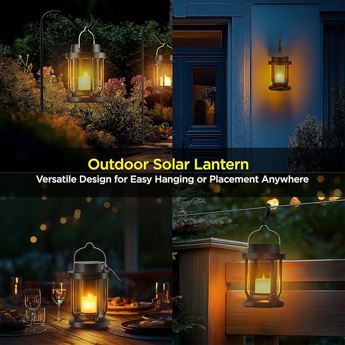 Solar Lantern Outdoor & Indoor Use – Hanging Solar Lights with Realistic Flickering Flameless Candle, Weatherproof for Gardens, Patios, Trees, and Lawns (Black + Gray, 1 Pack)