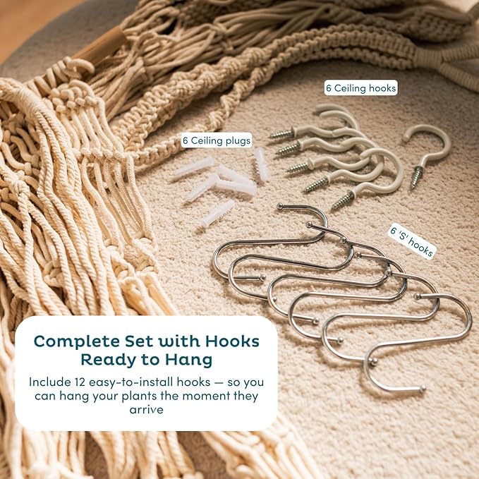 Nook Theory 6-Pack Macrame Plant Hangers with 12 Hooks - Hanging Planters for Indoor Plants, Boho Macrame Hangers Indoor Outdoor, Decorative Plant Hanger Indoor (Cream)