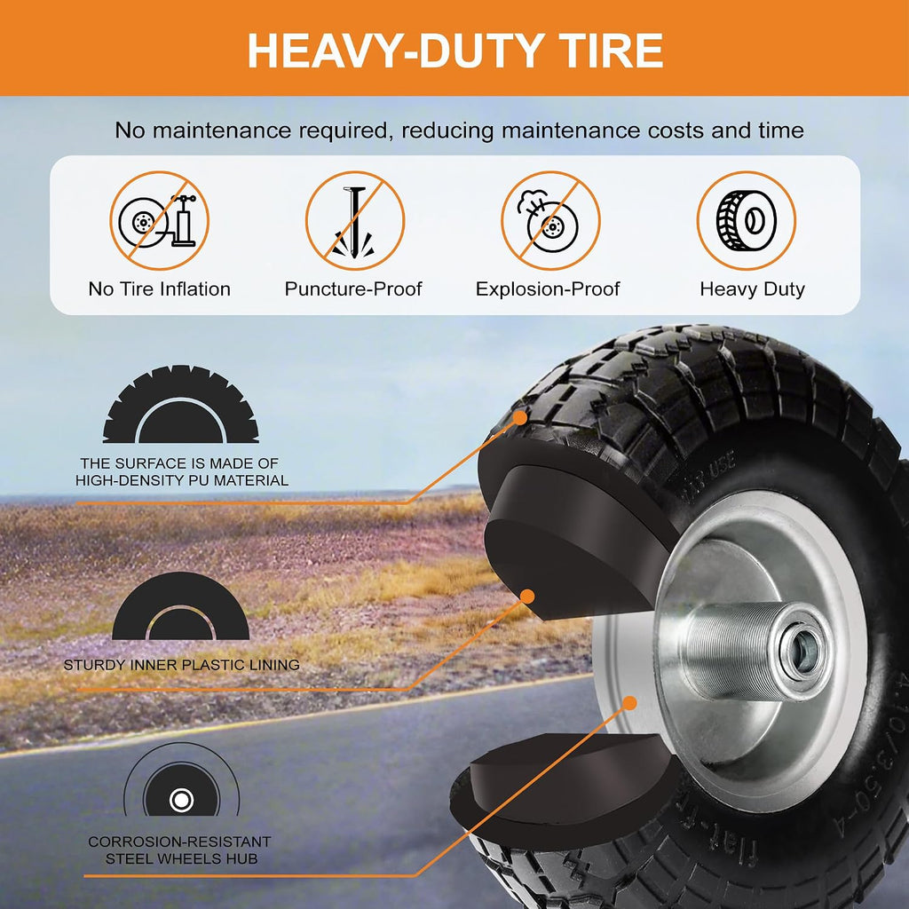 10" solid tires, 4.10/3.50-4 tire and wheel flat, close-up detail