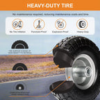 10" solid tires, 4.10/3.50-4 tire and wheel flat, close-up detail