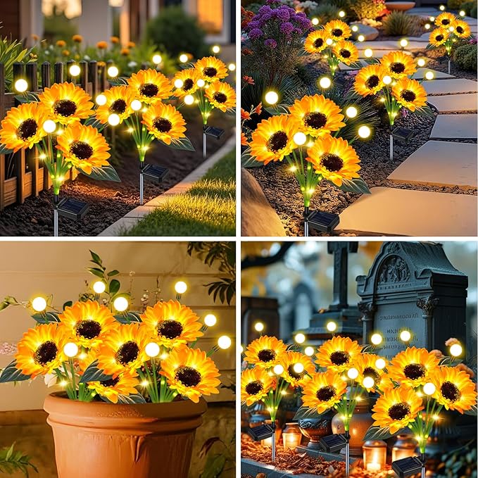 6 Pack Sunflower with Firefly Lights,Solar Lights Outdoor Garden Decor,Solar Flowers Lights Waterproof,Sunflowers Birthday Gifts for Mom Women,Decorative Stakes Fairy Lights for Yard Patio Lawn