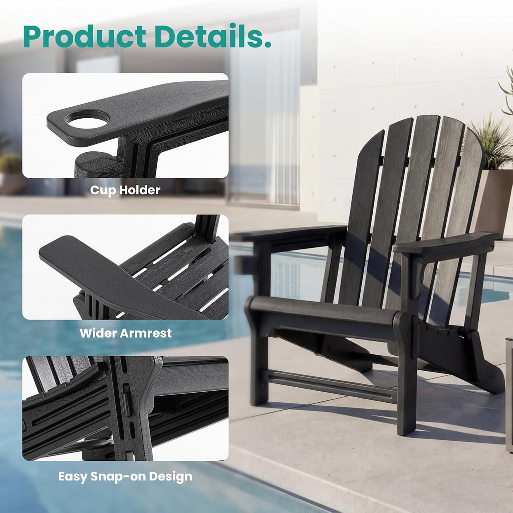 SUNBURY Outdoor Adirondack Chair, Set of 1 HDPE Chair w Cup Holder | 0 Screws Wood Textur Garden DIY Chair Weather Resistant, Fire Pit Chair, Plastic Patio Chair for Deck,Backyard,Garden, Black
