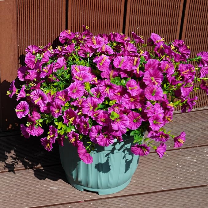 Artificial Flowers for Outdoors, UV Resistant Fake Silk Morning Glory, Realistic Faux Plants for Outside Porch Patio Window Box Hanging Planter (16, Purple Fuchsia)