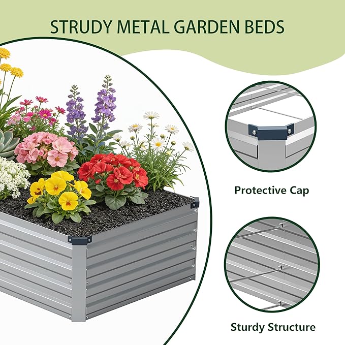 8x2x1 ft(2 Pack) Galvanized Raised Garden Bed,Outdoor Planter Box Metal Patio Kit Planting Bed for Vegetables Flowers and Succulents,Silver