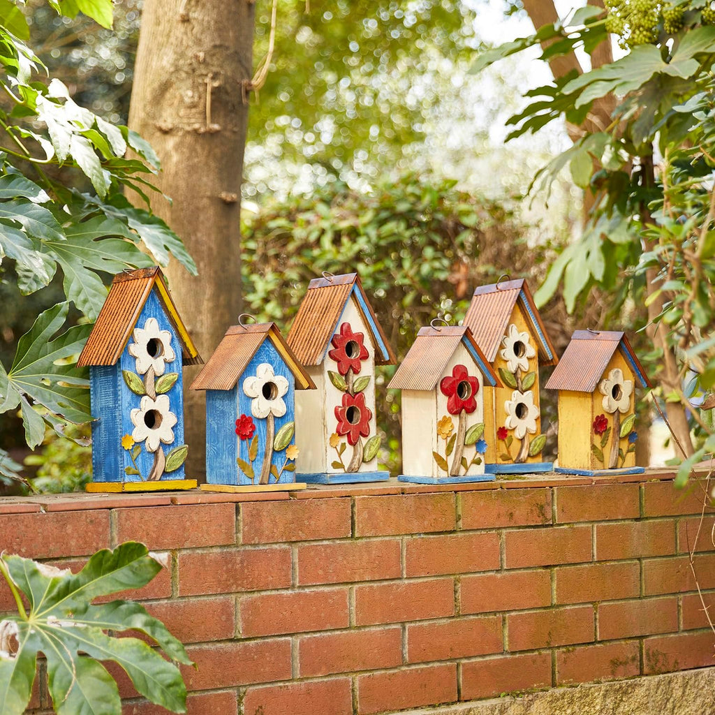 Glitzhome Bird Houses for Outside, 10.2" H Hanging Bird House for Outdoor Patio Garden Decorative Birdhouse Pet Cottage Distressed Wooden Birdhouse for Swallow Sparrow Finch Cardinals, Yellow Flower