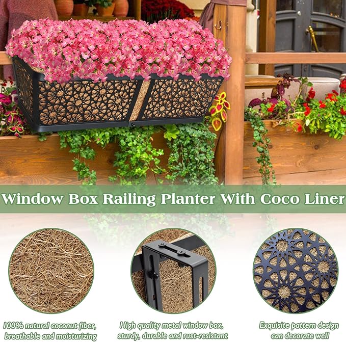 ZeeDix 3 Pack Metal Window Box for Railings, 24 Inch Over Railing Planter Boxes with Coco Liners, Hanging Flower Box Planters for Outdoor Fence Deck Porch Balcony & Patio