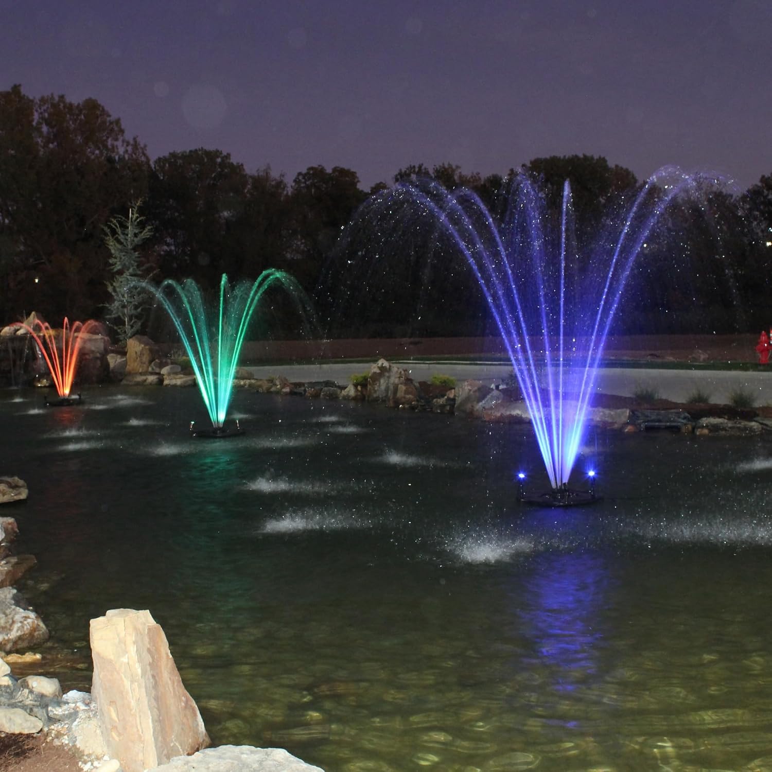 1/4 HP Floating Fountain & Aerator for Ponds and Lakes with 100 ft Cord | 3,000 GPH, 9 spray patterns, Color-changing LED lights, Energy-efficient 192W Pump, Protective Intake Screen