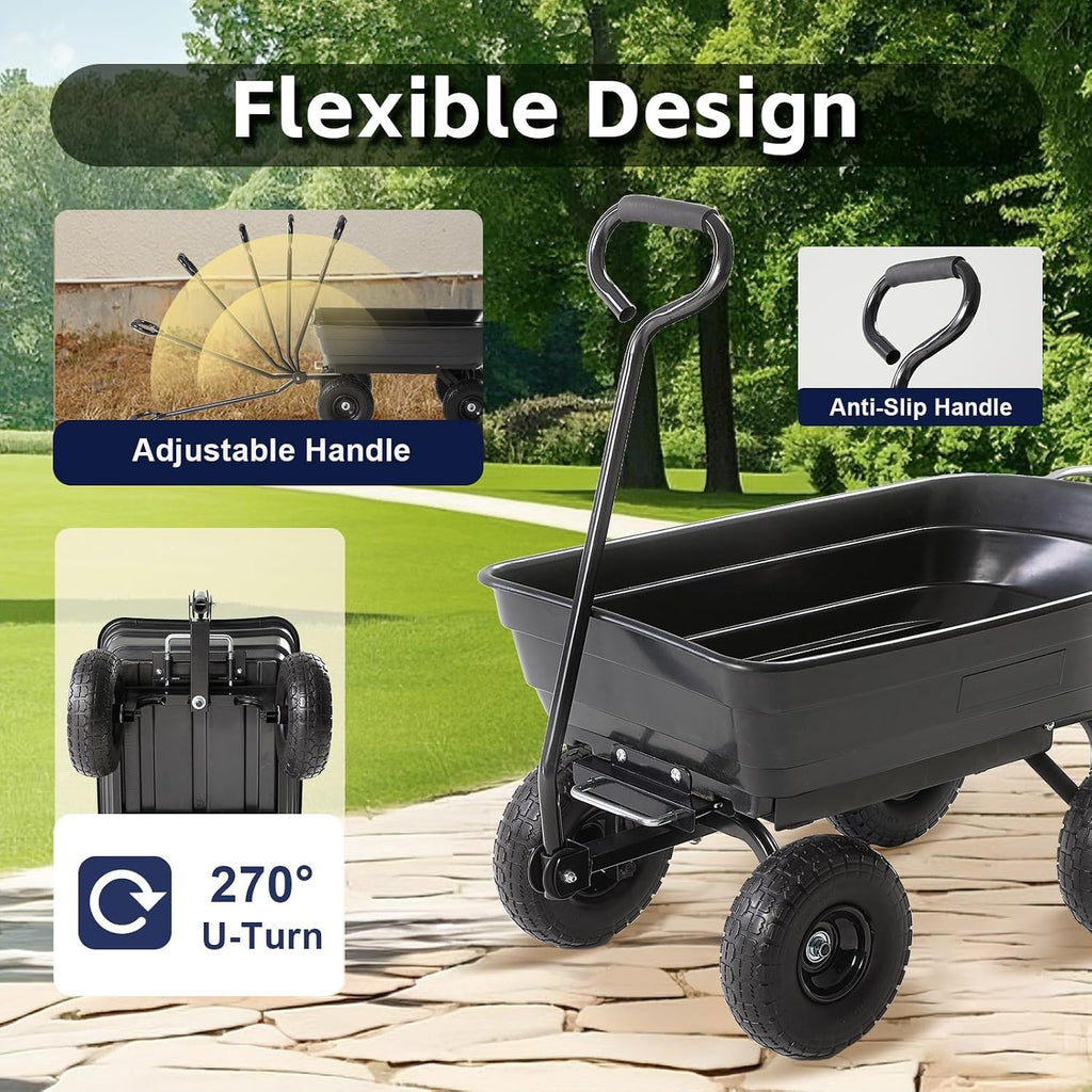 garden dump cart 660lb heavy-duty steel frame flat-free showing dimensions