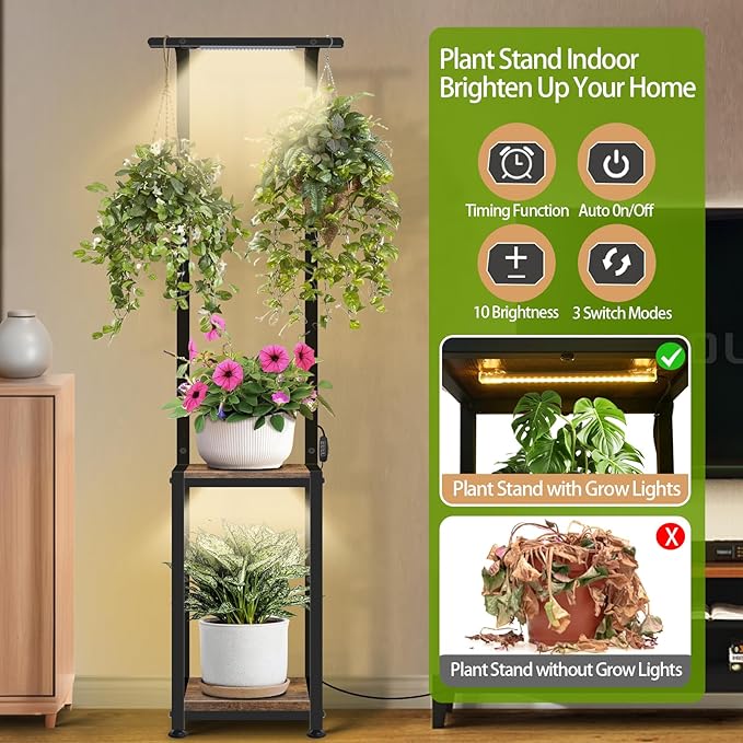 Plant Stand Indoor with Grow Light, 2 Pack Hanging Plant Stand Plant Shelf Indoor, 65'' Tall Plant Stands Plant Holders for Indoor Plants, Living Room, Bedroom, Balcony