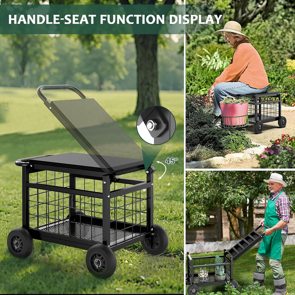 garden cart with seat,3-in-1 rolling seat with wheels on a desk or shelf