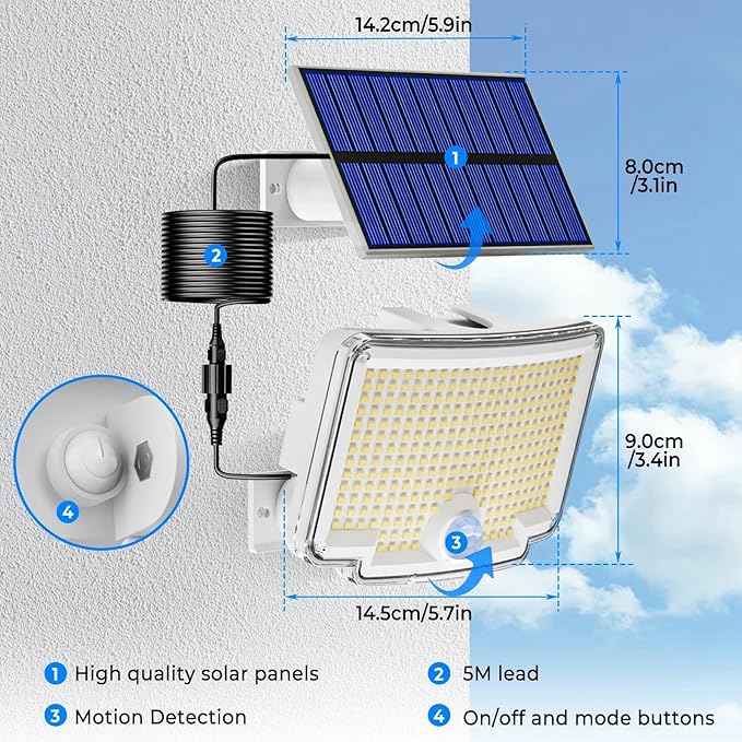 Peasur 1 Pack Solar Motion Lights Outdoor, 318 LED Solar Security Light with 3 Modes, IP65 Waterproof Powered Flood Lights for Outside Garden Backyard，Warm (White Frame)