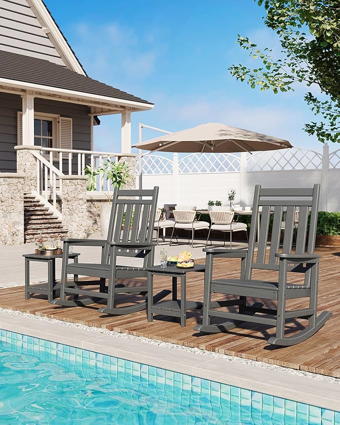 GarveeLife Poly Lumber Rocking Chair Outdoor Set of 4- HDPE High Back Porch Rocker Chairs for Adults - All Weather Resistant Furniture for Patio - Gray