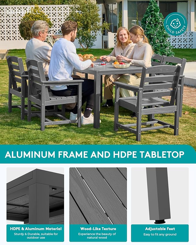 SERWALL 9-Piece Outdoor Dining Set, 60" - 83" Expandable Outdoor Dining Table and 8 HDPE Chairs, All Weather HDPE Outdoor Furniture Set for Backyard, Garden, Grey